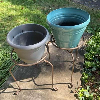 Two Metal Outdoor Plant Stands w/ Plastic Planters
