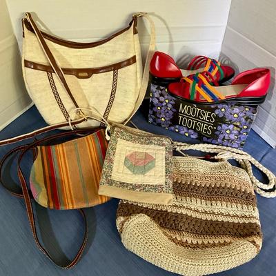 Four Purses & One Pair Colorful Size 8 Flat Shoes