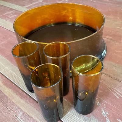 Vintage Amber Glass Bowl & Shot Glasses 