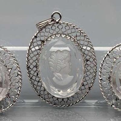 Whiting & Davis Clear Glass Intaglio Cameo Set