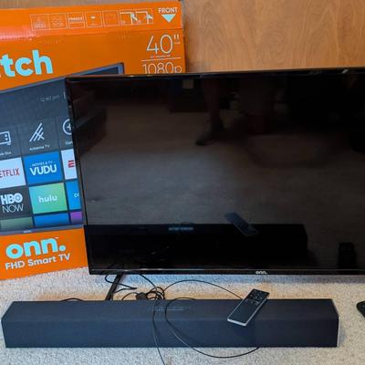 Onn Roku TV, Vizio Sound Bar, and Antenna