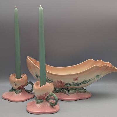Hull Woodland Peach Pink Console Bowl and Candle Holders