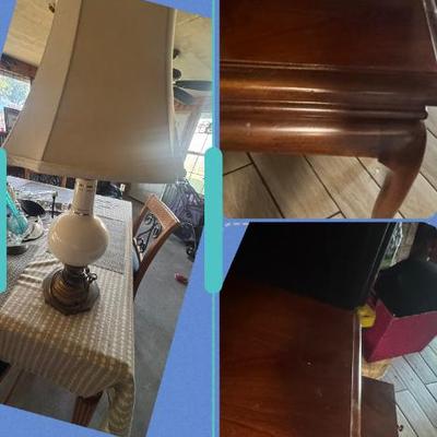 A beautiful white ceramic with brass bottom lamp
And a beautiful table for tea two little slits come out and put your tea on it