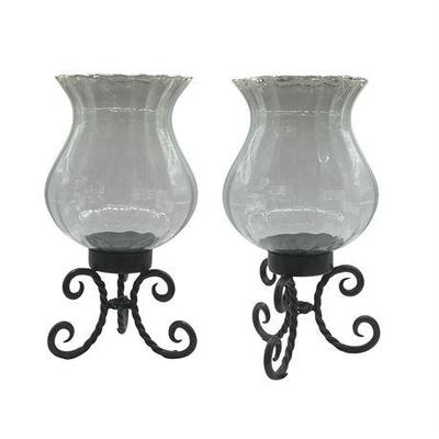 Sale Photo Thumbnail #35: Lot 034  
Wrought Iron and Glass Hurricanes (Pair)