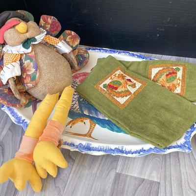 Thanksgiving Dish And Hand Towels With A Stuffed Animal Turkey