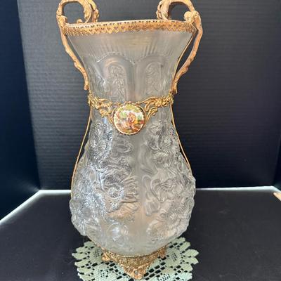 Vintage Frosted Glass Vase With Brass Accents
