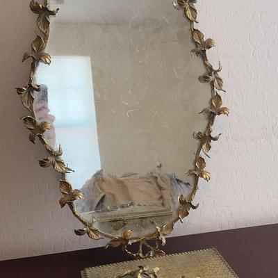 Beautiful Vintage Gold Mirror And Jewelry Box with Floral Accents & Leaves