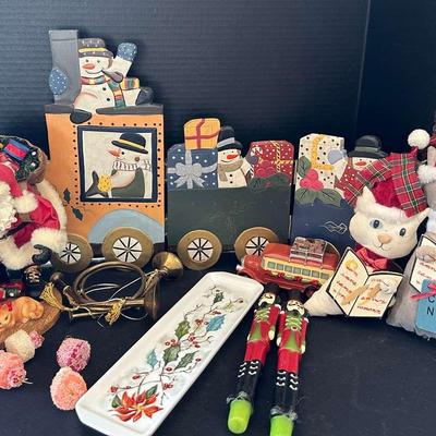 Various Christmas Decor - Wooden Train, Ornaments, Vintage Santa Statue, Candlesticks