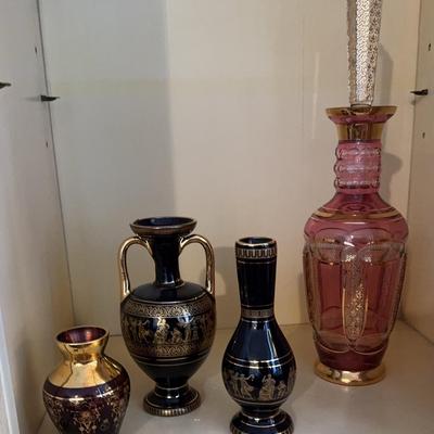 Blue Decorative Vases Made In Greece And Pink Decanter