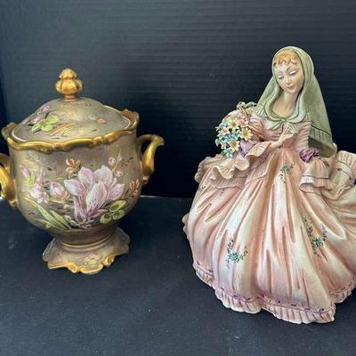 Vintage Floral Porcelain Cookie Jar, Ceramic Woman Figurine