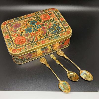 3 Collectible Gold Plated Prague Tourist Spoons And Gold Floral Box