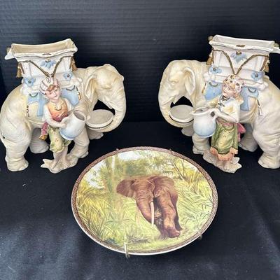Antique German Carl Schneider Bisque Porcelain Elephant Water Girl Planters And Elephant Plate