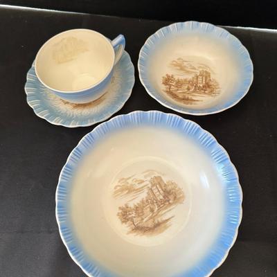 Vintage Macbeth-Evans Cremax Castle Set (1930s) - Blue Trim - Plate, Bowl And Tea Cup