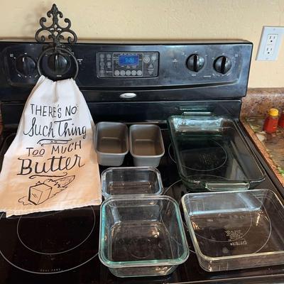 Baking Pans, Glass Pyrex Pans, Small Bread Loaf Pan, Kitchen Towel And Hook