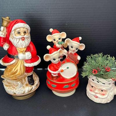 Vintage Christmas Decor - Santa Musical Statue, Three Mice Merry Maestro Musical Statue, Santa Mug 