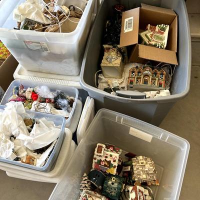 10 Boxes of Holiday Village Christmas Scene Decor - Houses, Cottages, Stores, People & Trees