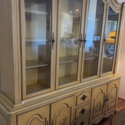 Large Decorative Italian Cream China Cabinet With Design On Cupboard Doors