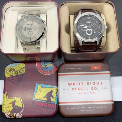 2 Men’s Fossil Watches In Original Tins:  Write Pencil Watch With Brown Leather Band, SS Landmarks