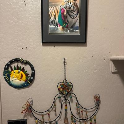 Wall Art - Tiger Photo, Metal Sun & Moon, Beaded Wall Hanging