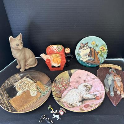 Various Cat Collectibles - Kitten Classics Plates, Teapot, Wooden Sign
