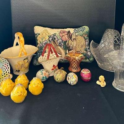 Various Easter Themed Decor - Crystal Basket, Easter Pillow, Decorative Eggs