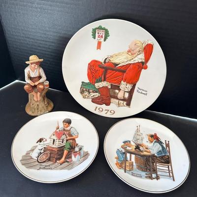 Norman Rockwell Plates And Figurine - Christmas Plate, 70s And 80s
