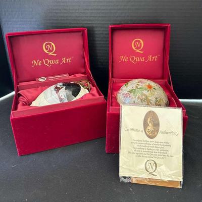 Set Of 2 Ne’Qwa Art Pieces - Floral Orb And Ornament Feat. Winter Sleigh Ride Scene