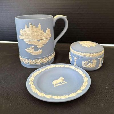 Blue Wedgwood Jasperware Mug, Container And Small Plate