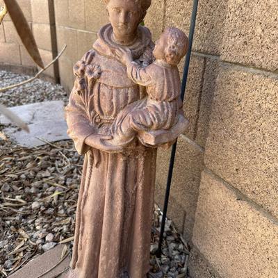 Outdoor Saint Garden Statue With Stake Hanger Accent and Dragonfly