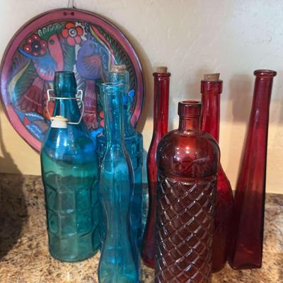 Vintage Inspired Red And Blue Glass Bottles, Tropical Clay Wall Art