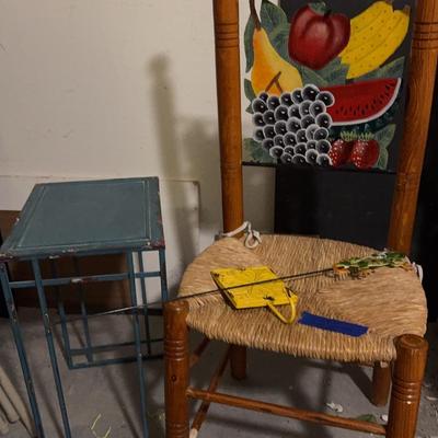 Wood Chair, Teal Metal Table, Wall Hanger