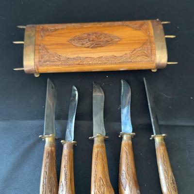 Vintage Wooden Carving Knife Set