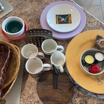 Misc Kitchen Goods - Paper Towel Holder, Baskets, Plates, Bowls, Mugs