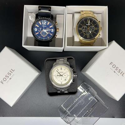 3 Men’s Fossil Large Face Vintage Watches - Analog Black Dial - Blue Face, Onyx Metal Band 