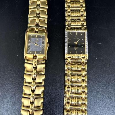 2 Elgin Gold Plated Watches - Diamond FG007N Rectangle Black Dial, Gold Tone Thick Band