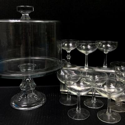 Large Glass Cake Stand & Champagne Glasses