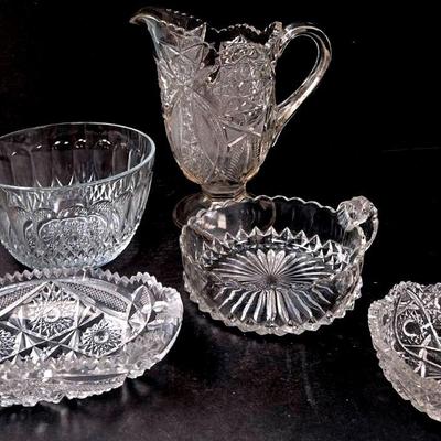 Glass Water Pitcher, "Imperial Glass" Relish Dish & More