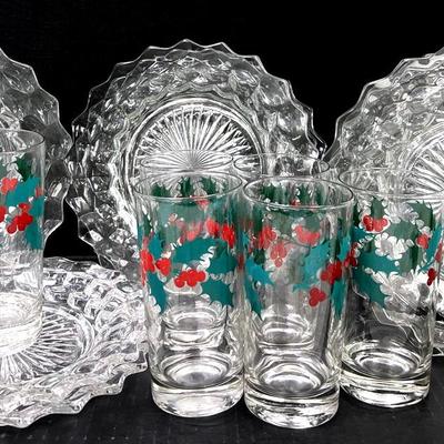 “Fostoria” American Clear Glass Plates & Christmas Glasses