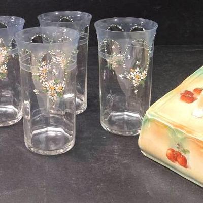 Hand-painted Cheese Dish & Glass Tumblers