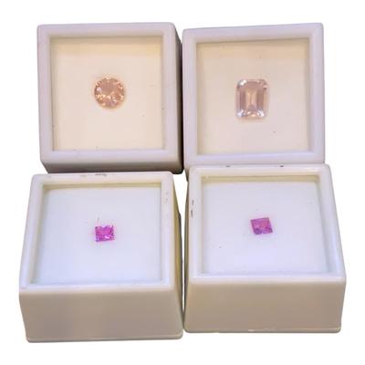 Emerald Cut Rose Quartz 2.0 CT, Round Quantum Cut Morganite 1.15 CT, Two Princess Cut Pink Sapphire 