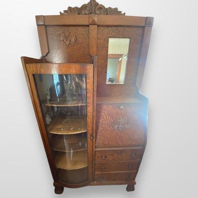 Antique Oak Side by Side Secretary Desk, China Cabinet 