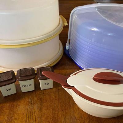 Vintage to Modern Tupperware Including Cake / Pie Carriers, Gravy Boat & Ladle, Salt & Pepper 