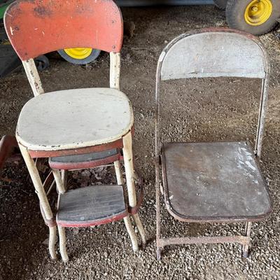 Vintage Metal Folding Chair And Step Stool