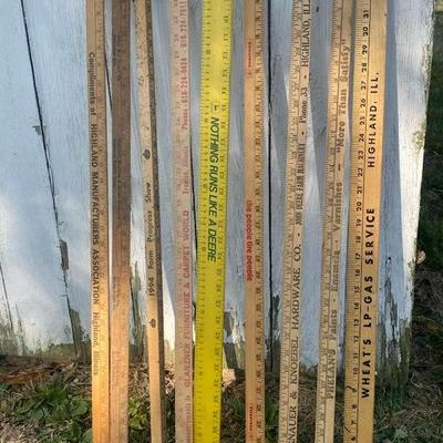 Vintage Wooden Yardstick & Ruler Lot - Including Square Yardstick, Advertising & John Deere 