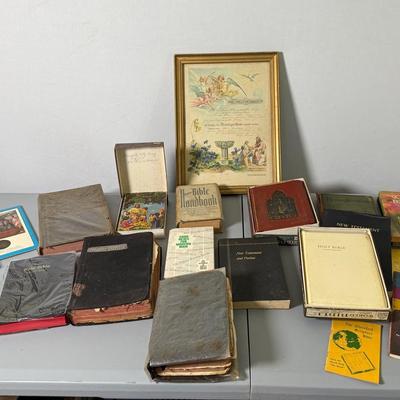 Vintage Bibles And Song Books, A Certificate Of Baptism In German