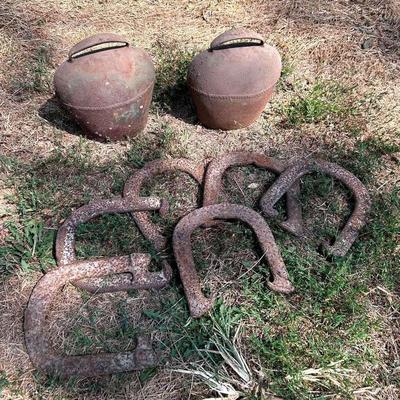 Antique Swiss Cow Bells (2) & Vintage Horse Shoes (6)