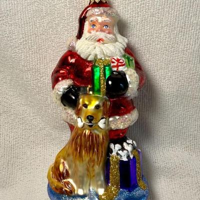 Christopher Radko Joy to the World series Santa and dog glass ornament, signed by Betty White for the American Humane Society in 2001 