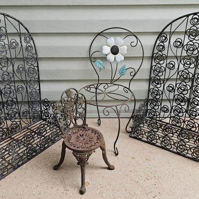 Iron Hanging Planter Baskets (2) + Iron Decorative Chairs (2)