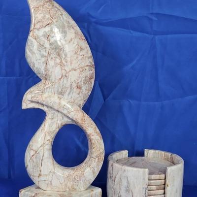 Hand-Carved Marble Swan Sculpture (1) + Matching Marble Coaster Set (1)