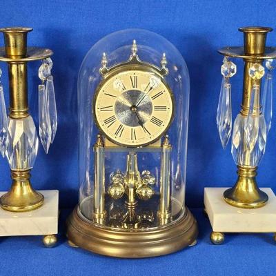 Kundo Quartz West German Clock (1) + Brass & Crystal Prism Candle Sticks (2)